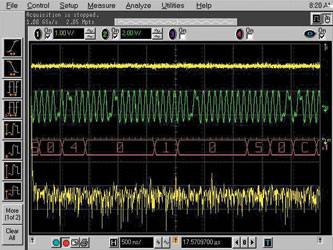 Figure 14. Using the MSO’s digital channels can help you gain further insight into the possibility of coupling. Moving the horizontal delay back and forth showed that the noise spikes on the FFT changed in magnitude based on which data was present on the LAN signal according to the hex readouts of the digital bus.